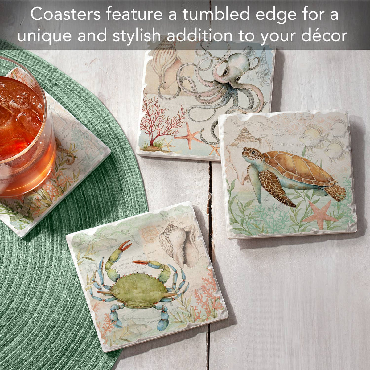 Caribbean Seas Assorted Image Tumbled Tile Coaster 4 Pack