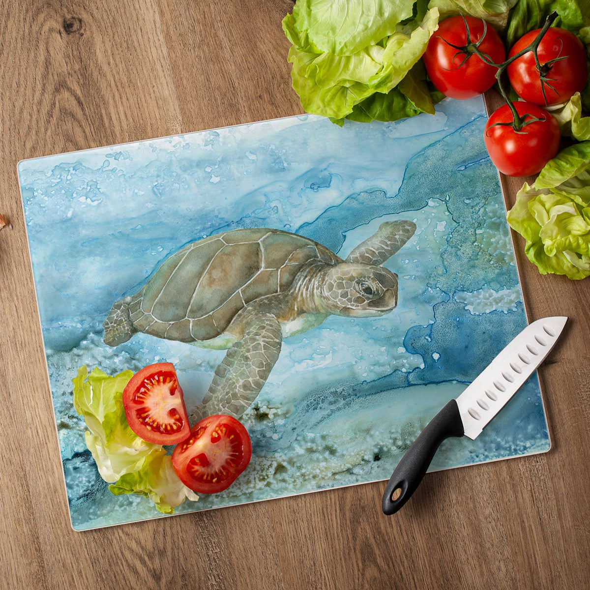 "Under Sea Life" 3mm Tempered Glass Cutting Board 15" x 12"