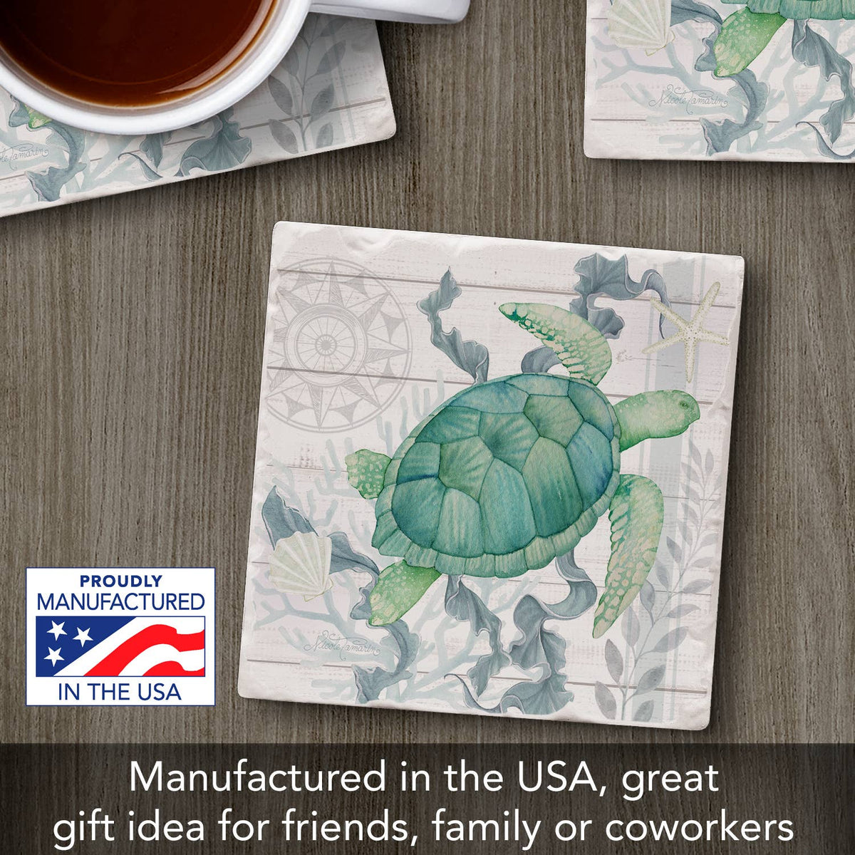 Beach Therapy Turtle Single Absorbent Tumbled Tile Coaster