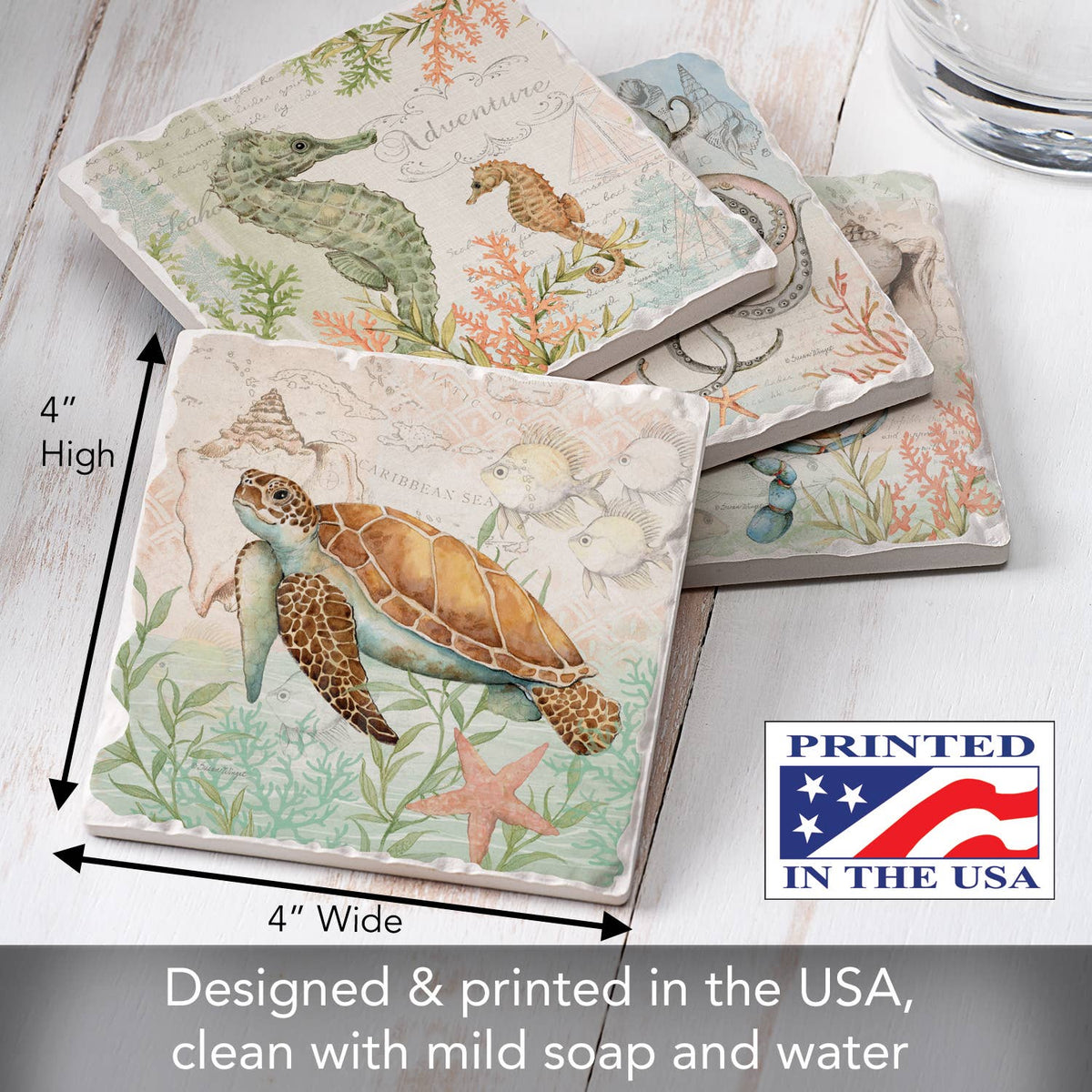 Caribbean Seas Assorted Image Tumbled Tile Coaster 4 Pack
