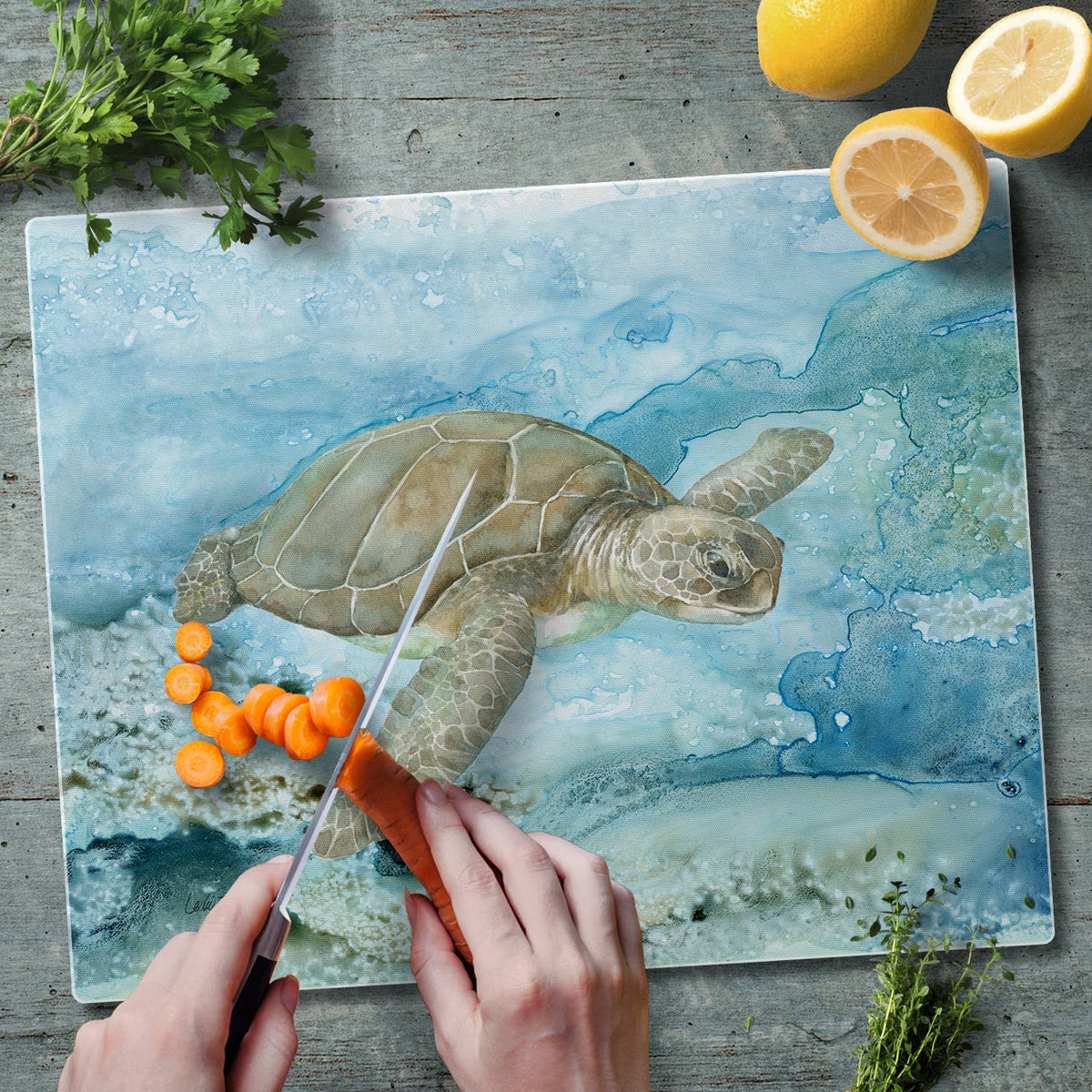 "Under Sea Life" 3mm Tempered Glass Cutting Board 15" x 12"