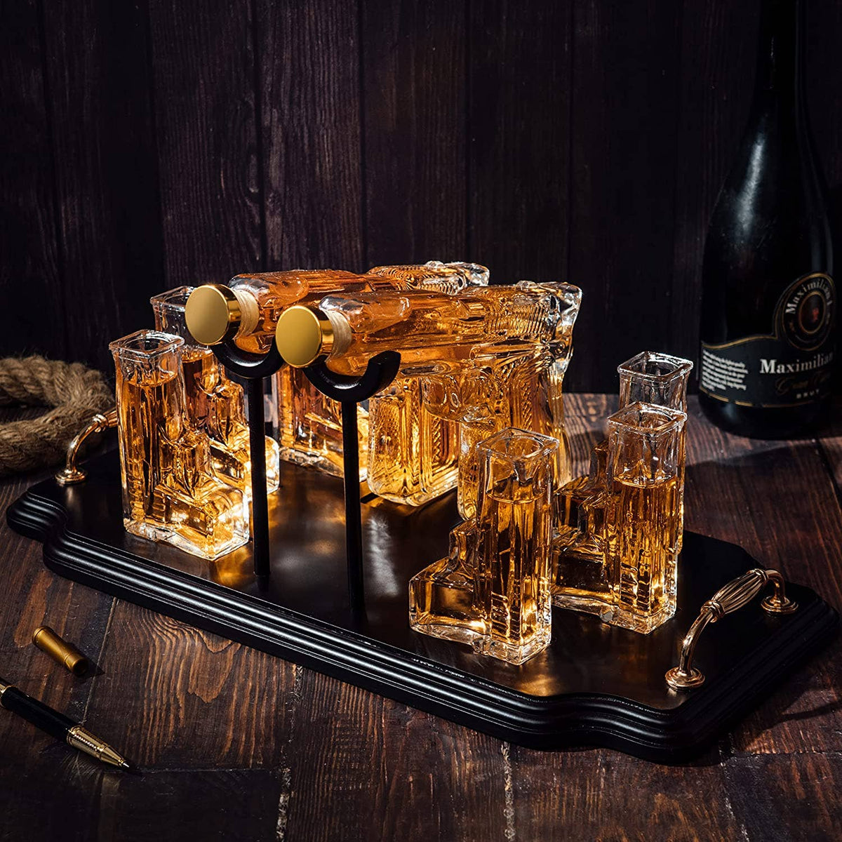 Pistol 2 Decanters 300ml with 6 3oz Pistol Shot Glasses