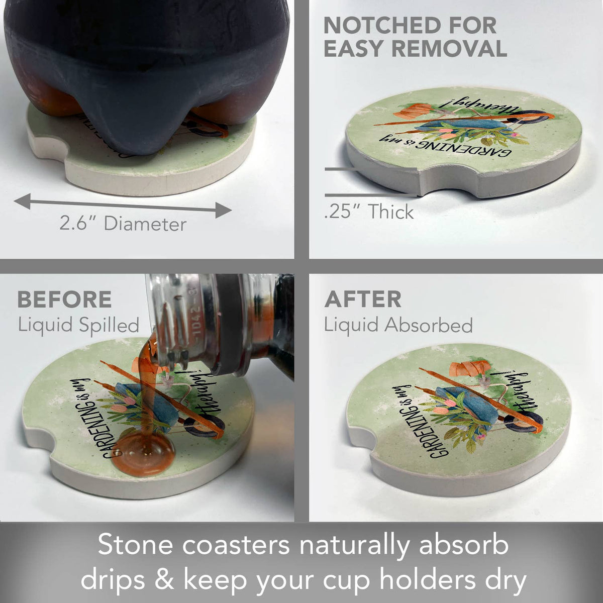 Gardening Is My Therapy Absorbent Stone Car Coaster 1 Pk
