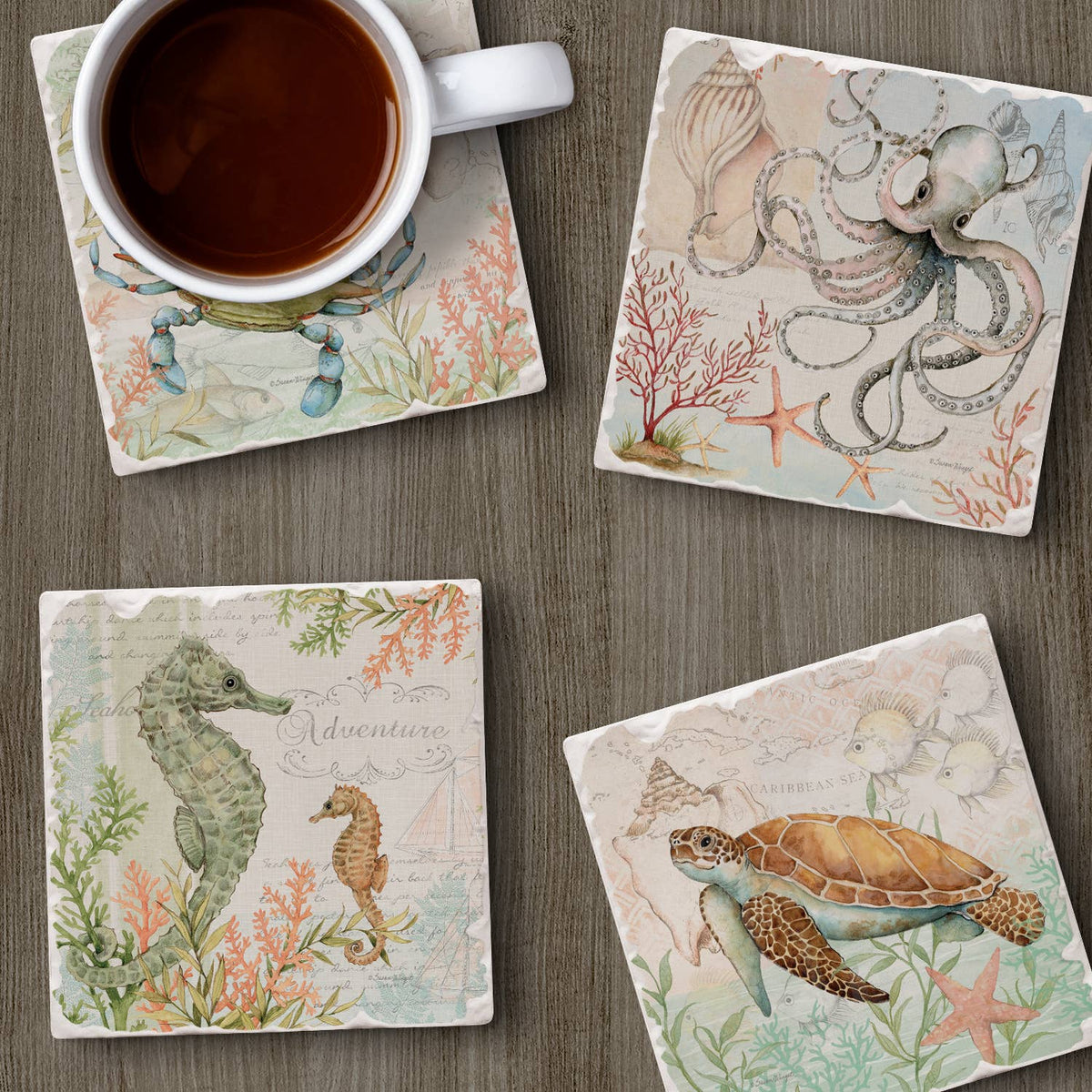 Caribbean Seas Assorted Image Tumbled Tile Coaster 4 Pack