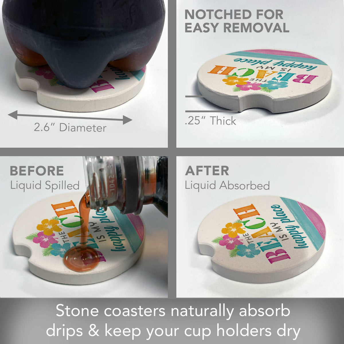 Beach My Happy Place Absorbent Stone Car Coaster 1 Pack