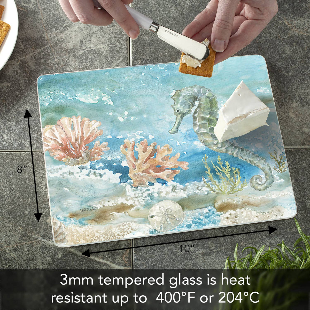 "Under Sea Horse" Tempered Glass Cutting Board 10" x 8"