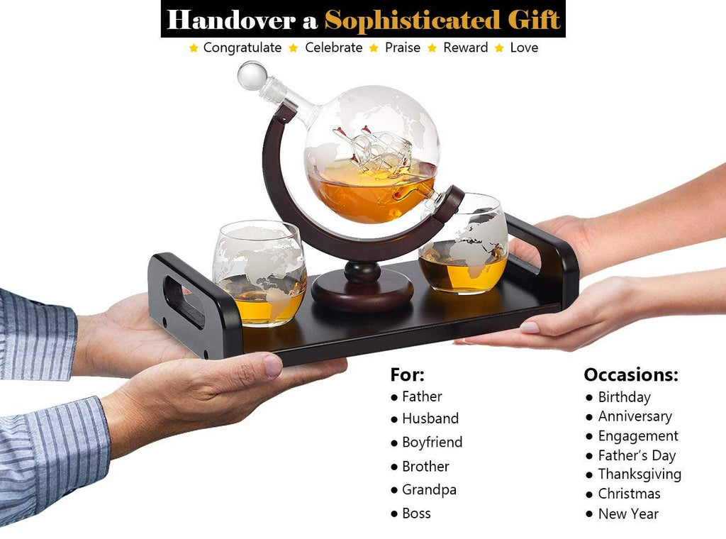Etched Globe Whiskey Decanter + 2 Whiskey Glasses on Rich