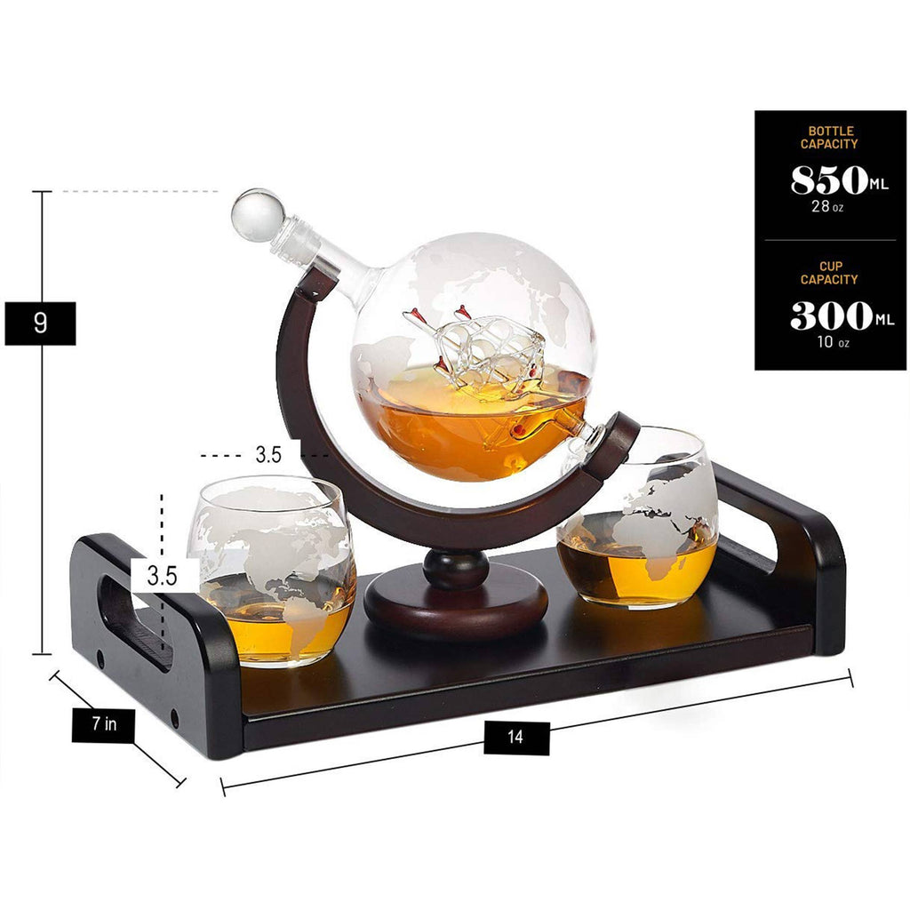Etched Globe Whiskey Decanter + 2 Whiskey Glasses on Rich