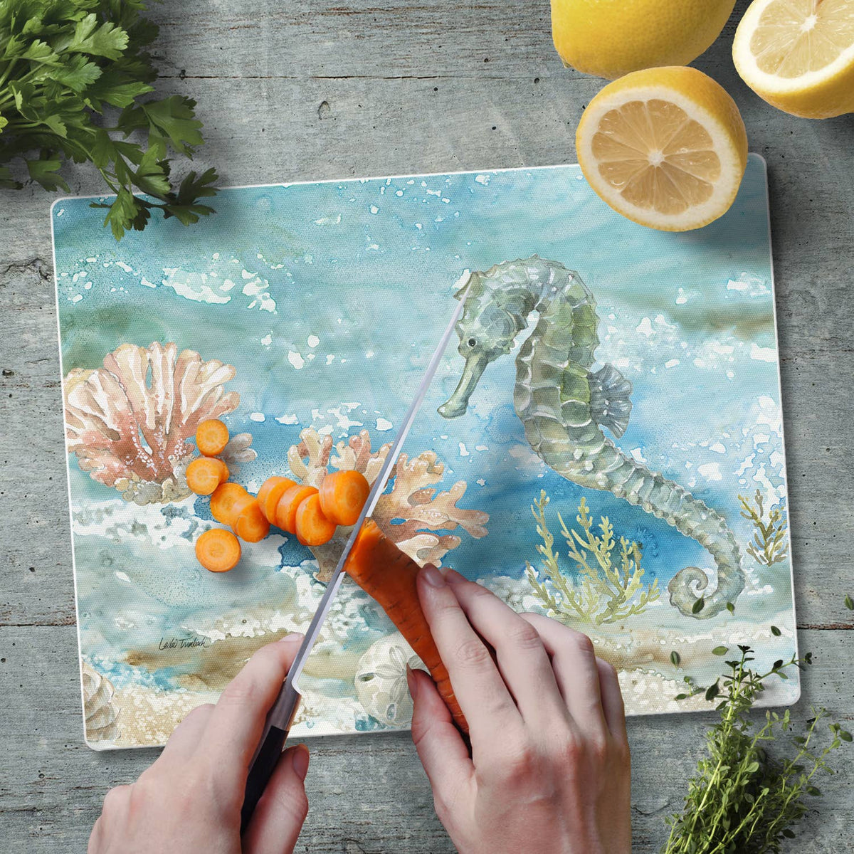 "Under Sea Horse" Tempered Glass Cutting Board 10" x 8"