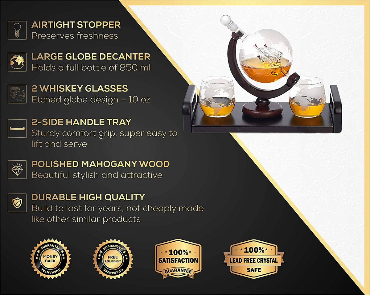 Etched Globe Whiskey Decanter + 2 Whiskey Glasses on Rich