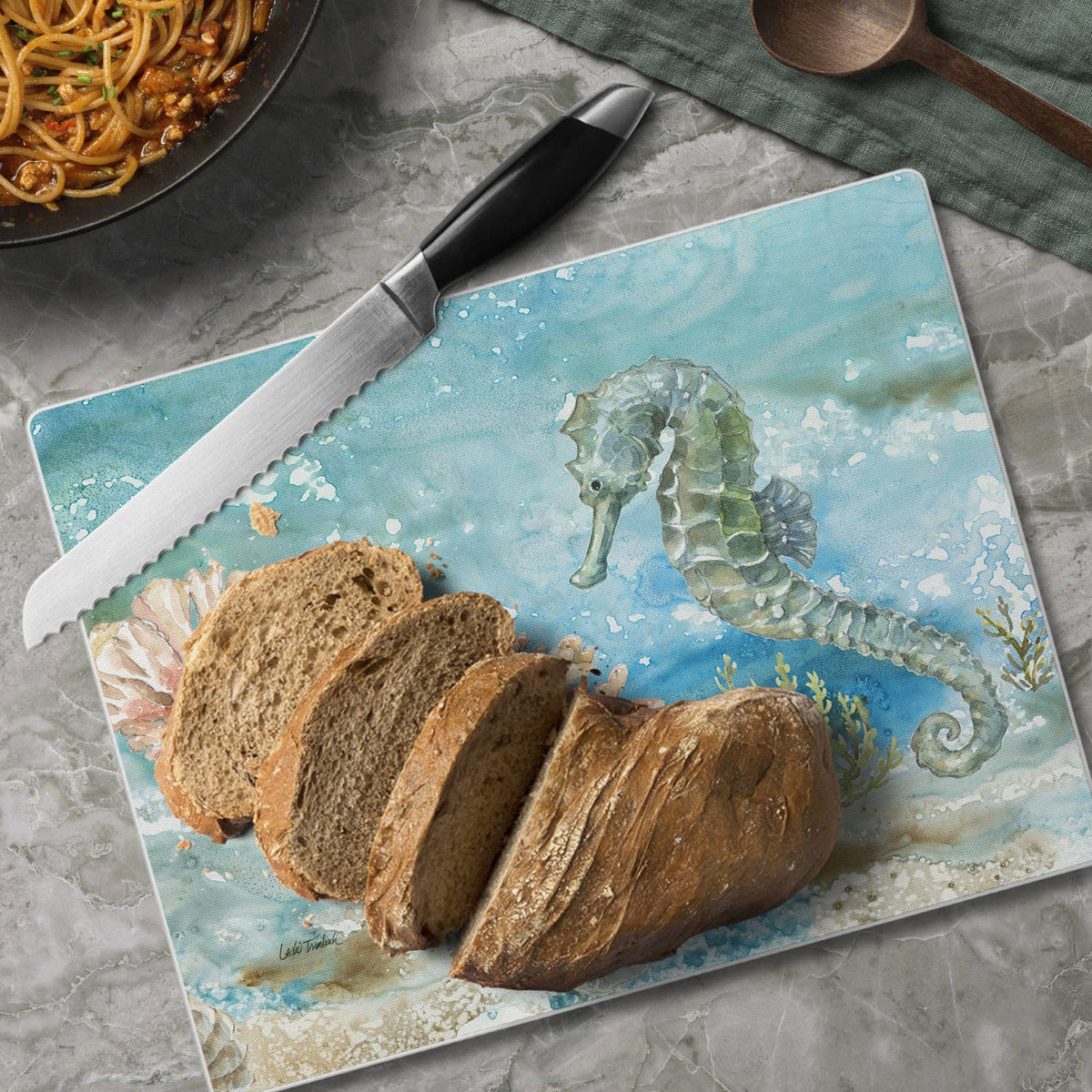 "Under Sea Horse" Tempered Glass Cutting Board 10" x 8"