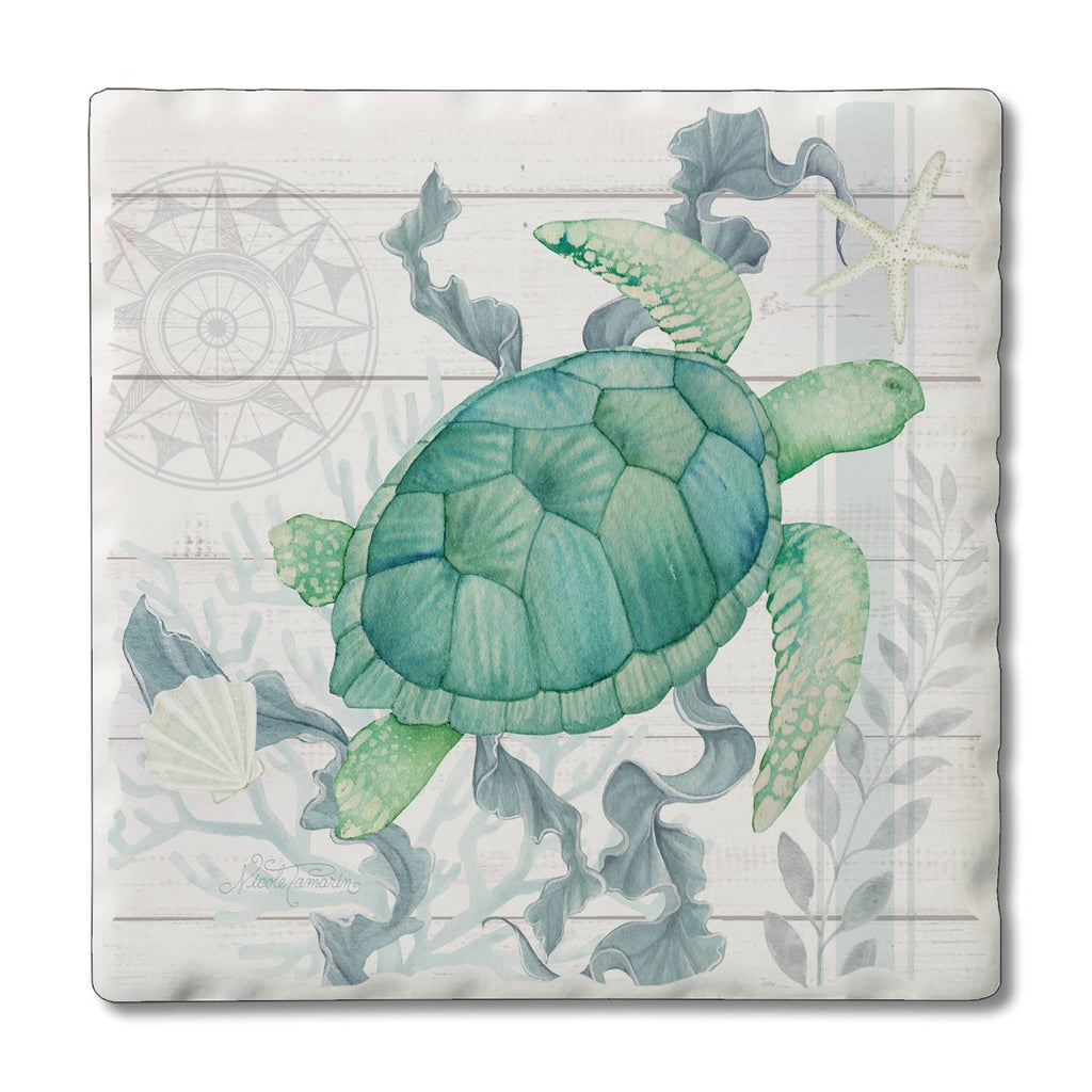 Beach Therapy Turtle Single Absorbent Tumbled Tile Coaster