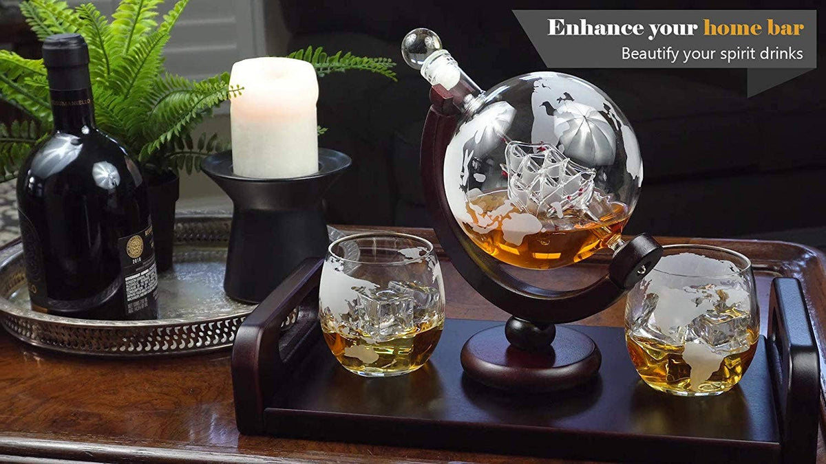 Etched Globe Whiskey Decanter + 2 Whiskey Glasses on Rich